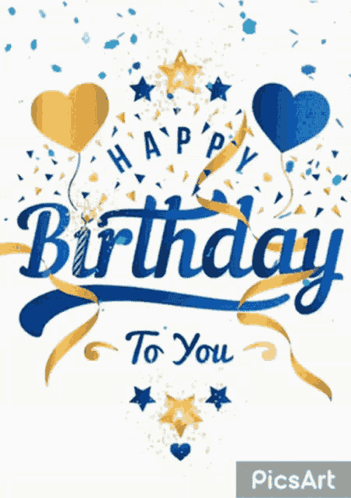 A Blue And Gold Birthday Greeting Card With Balloons And Confetti GIF