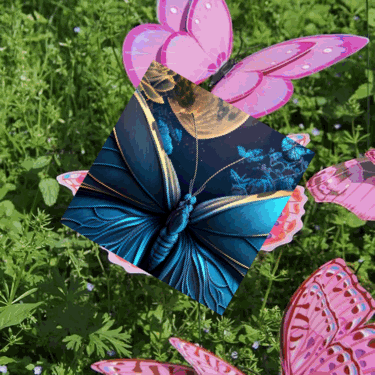 A Blue And Gold Butterfly With Pink Wings Is Surrounded By Pink Butterflies GIF