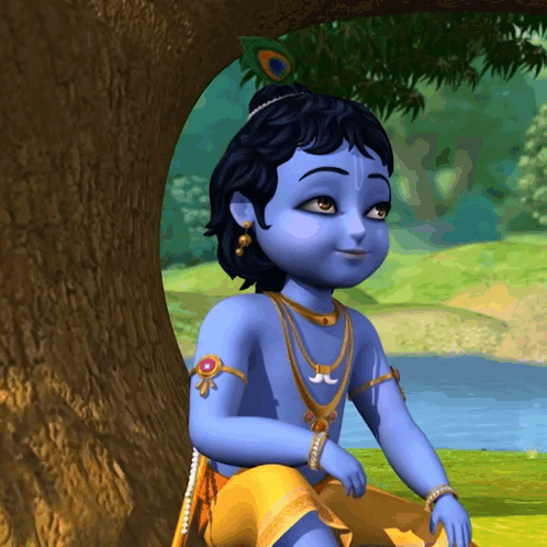 A Blue And Gold Cartoon Character With A Peacock Feather In His Hair GIF