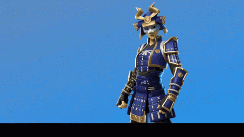 A Blue And Gold Samurai With A Sword And A Spear GIF