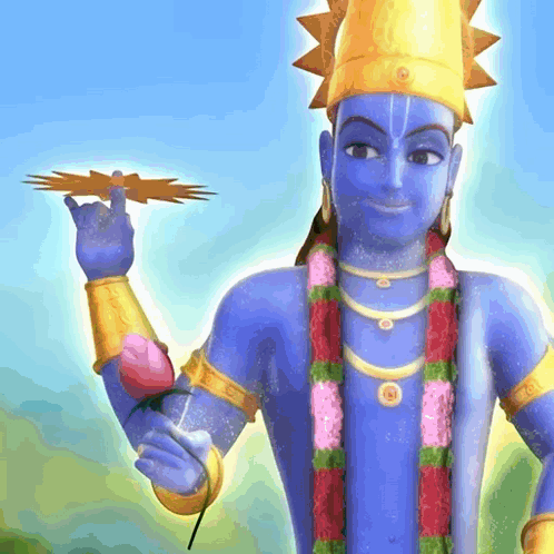 A Blue And Gold Statue Of A Deity Holding A Flower And A Lightning Bolt GIF