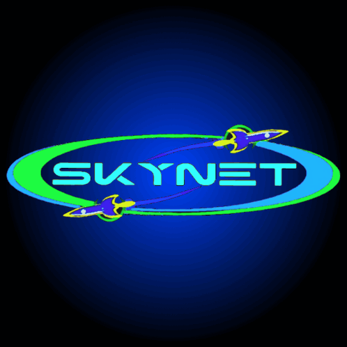 A Blue And Green Logo For Skynet With Two Arrows GIF