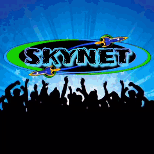 A Blue And Green Skynet Logo With A Crowd In The Background GIF