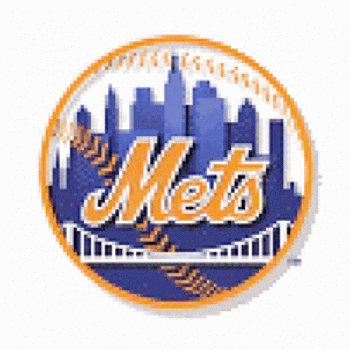 A Blue And Orange Mets Logo With A City In The Background GIF