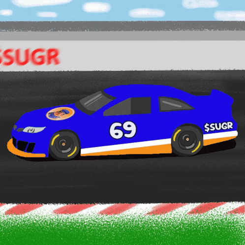 A Blue And Orange Race Car With The Number 69 On The Side GIF