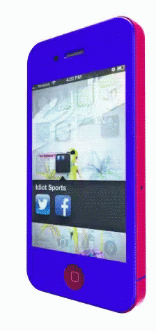 A Blue And Pink Cell Phone With The Words Idiot Sports On It GIF