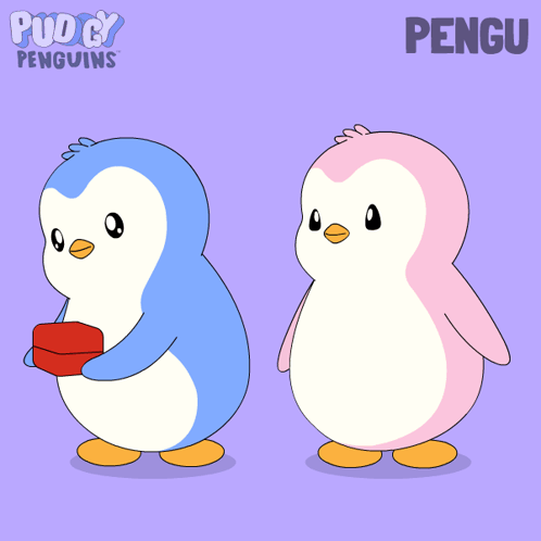 a blue and pink penguin standing next to each other with the word pengu on the bottom