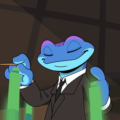 A Blue And Purple Frog In A Suit And Tie Is Holding A Baton GIF
