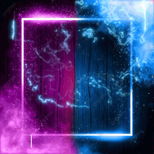 A Blue And Purple Neon Frame On A Dark Wooden Background GIF