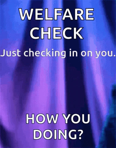 A Blue And Purple Poster That Says Welfare Check Just Checking In On You How You Doing GIF