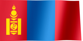 A Blue And Red Flag With A Yellow Emblem That Says " Mongolia " On It GIF