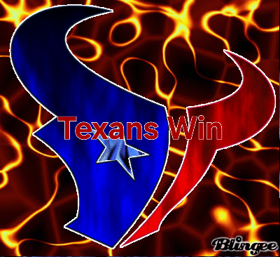 A Blue And Red Logo With The Words Texans Win Written On It GIF