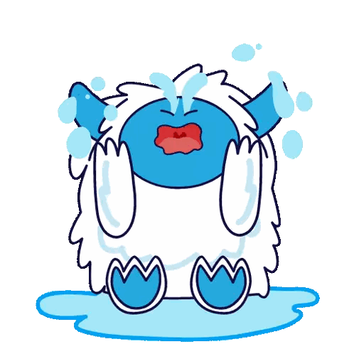 a blue and white cartoon character is crying with water coming out of its eyes
