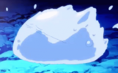 A Blue And White Cartoon Character Is Floating In The Air . GIF