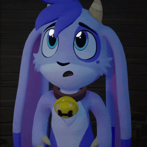 A Blue And White Cartoon Character With Horns And A Bell Around His Neck GIF