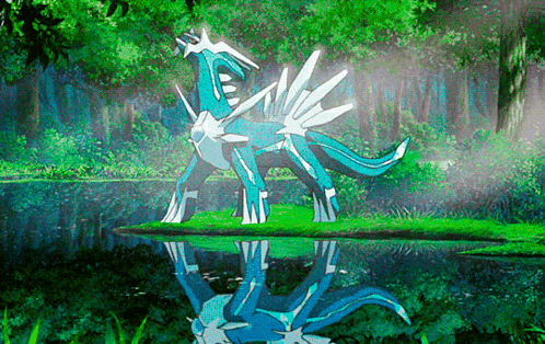 A Blue And White Dragon Is Reflected In A Pond GIF