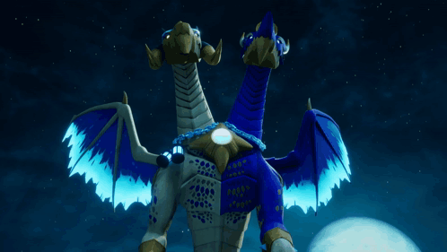 A Blue And White Dragon Stands In Front Of A Full Moon In The Night Sky GIF