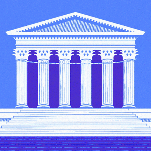 A Blue And White Drawing Of A Building With Columns On A Blue Background GIF