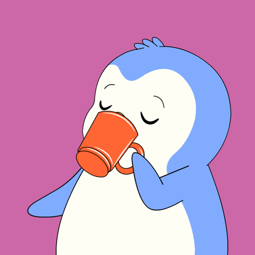 A Blue And White Penguin Drinking From An Orange Mug With A Cookie In Its Mouth GIF