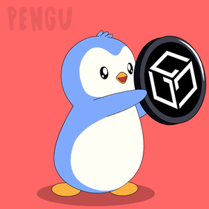 A Blue And White Penguin Holding A Black Coin With A Cube On It GIF