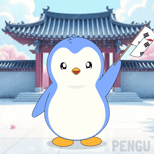 A Blue And White Penguin Holding A Flag In Front Of A Building With The Word Pengu On The Bottom Right GIF