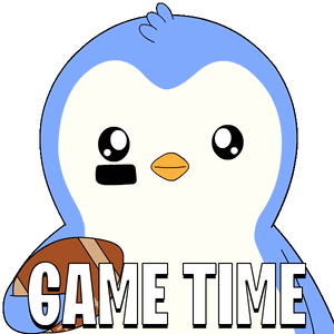 a blue and white penguin holding a football with the words game time written below it