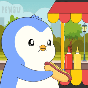 A Blue And White Penguin Holding A Hot Dog In Front Of A Penguin Sign GIF