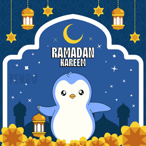 A Blue And White Penguin Holding A Lantern With The Words Ramadan Kareem On It GIF