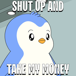 A Blue And White Penguin Holding A Pile Of Money With The Words Shut Up And Take My Money Below It GIF