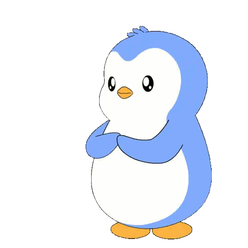 a blue and white penguin is blowing hearts out of its mouth