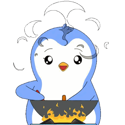 a blue and white penguin is cooking something in a pan