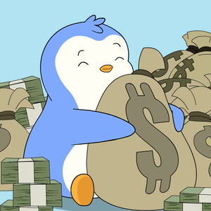 A Blue And White Penguin Is Holding A Bag Of Money With A Dollar Sign On It GIF
