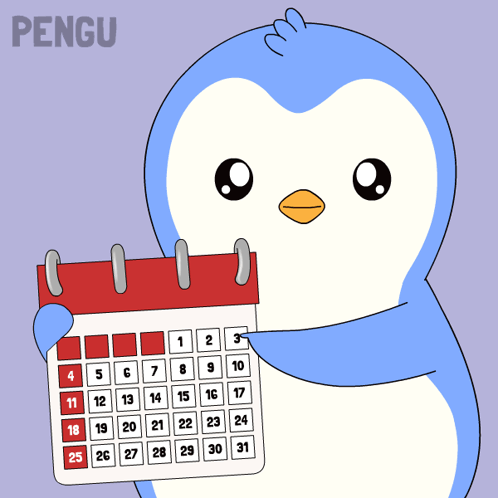 A Blue And White Penguin Is Holding A Calendar With The Word Pengu On The Bottom GIF