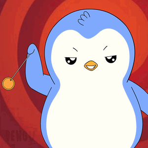 A Blue And White Penguin Is Holding A Coin In Its Hand GIF