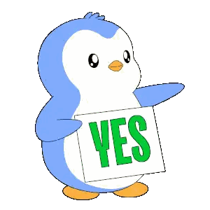 a blue and white penguin is holding a green sign that says yes