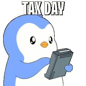a blue and white penguin is holding a piece of paper and the words tax day are above it