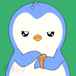 A Blue And White Penguin Is Holding A Watch With The Word Pengu On The Bottom Right GIF