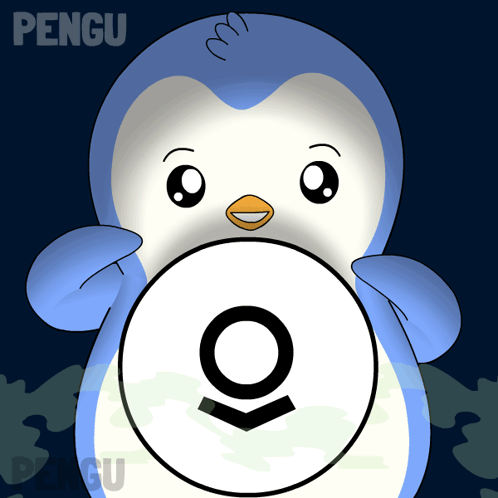 A Blue And White Penguin Is Holding A White Circle With The Letter O On It GIF