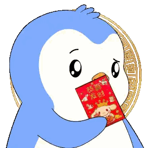 a blue and white penguin is holding red envelopes with chinese characters on them