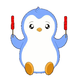 a blue and white penguin is holding two red lollipops and a red heart