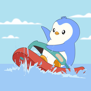 A Blue And White Penguin Is Riding A Red Jet Ski In The Ocean GIF