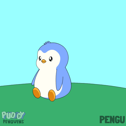 A Blue And White Penguin Is Sitting On A Grassy Hill With The Words Pudgy Penguins Below It GIF