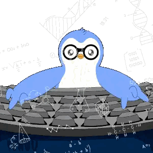 a blue and white penguin is sitting on a keyboard surrounded by equations