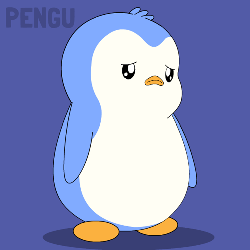 A Blue And White Penguin Is Standing In Front Of A Purple Background That Says Pengu GIF