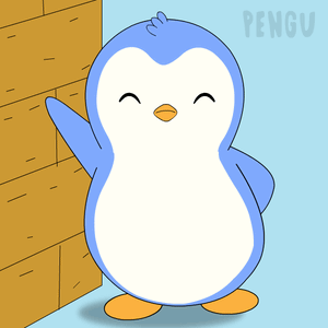 A Blue And White Penguin Is Standing In Front Of A Wall And The Word Pengu Is On The Bottom Right GIF