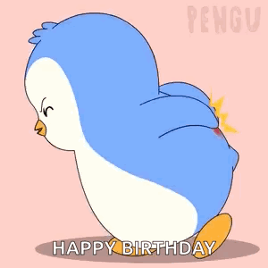 A Blue And White Penguin Is Standing On A Pink Background With A Red Spot On Its Back . GIF