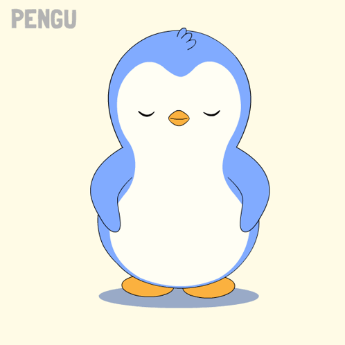 A Blue And White Penguin Is Standing With Its Eyes Closed And The Word Pengu Below It GIF