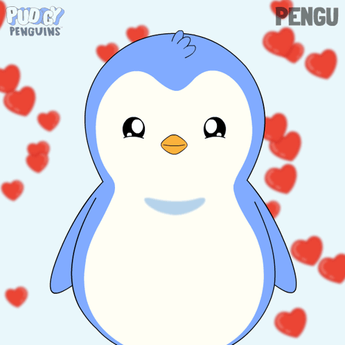 A Blue And White Penguin Is Surrounded By Red Hearts And The Name Pengu Is On The Bottom GIF