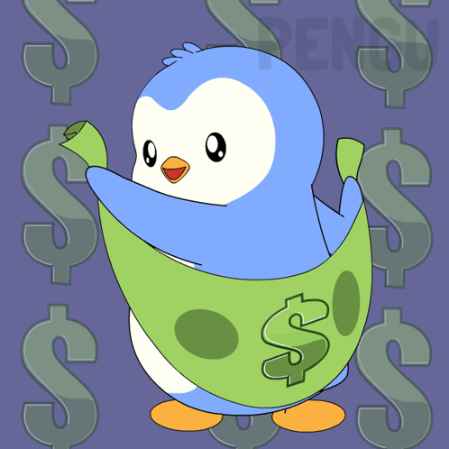 A Blue And White Penguin Is Wrapped In A Dollar Bill GIF
