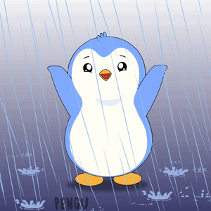 A Blue And White Penguin Standing In The Rain With The Word Penguin Below It GIF